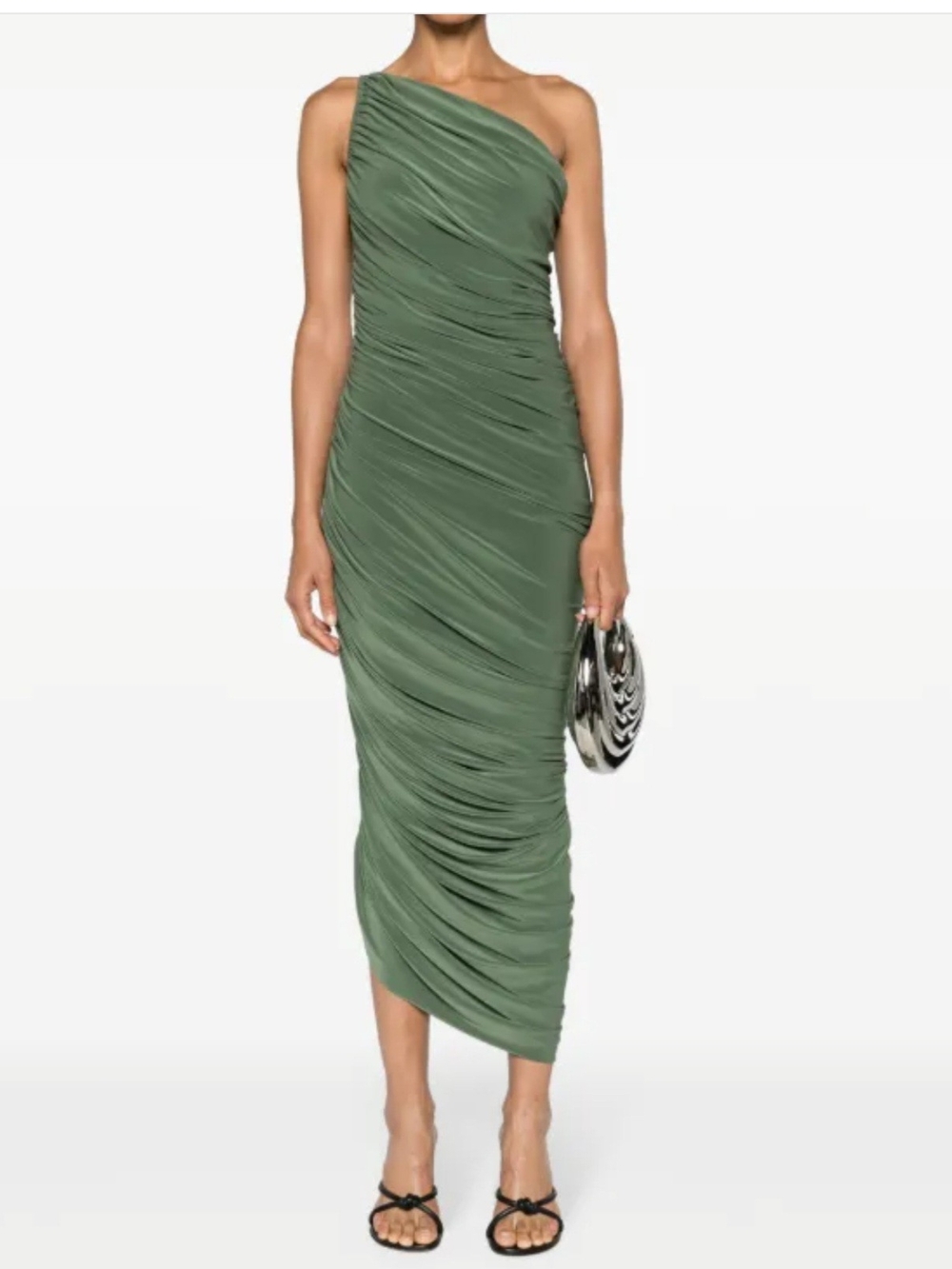 Norma Kamali Olive Green One-Shoulder Ruched Midi Dress